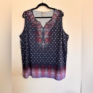 Catherines Navy Polka Dot Sleeveless Blouse Red White Boho Print